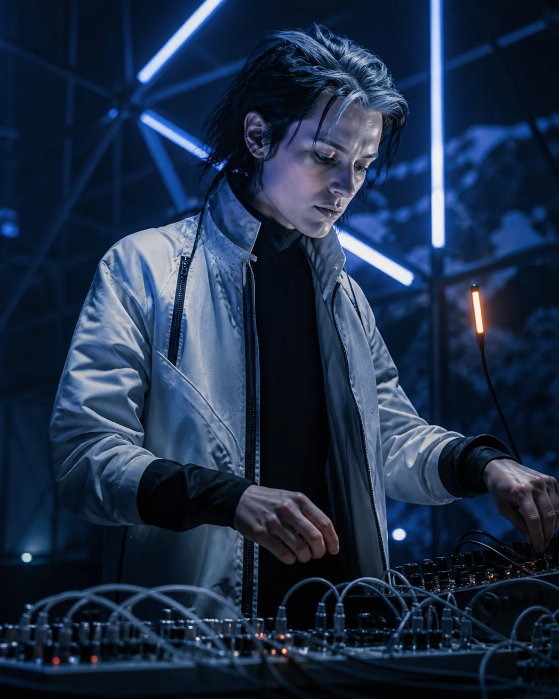 AERONYM shapes a live modular set inside a cobalt light grid.
