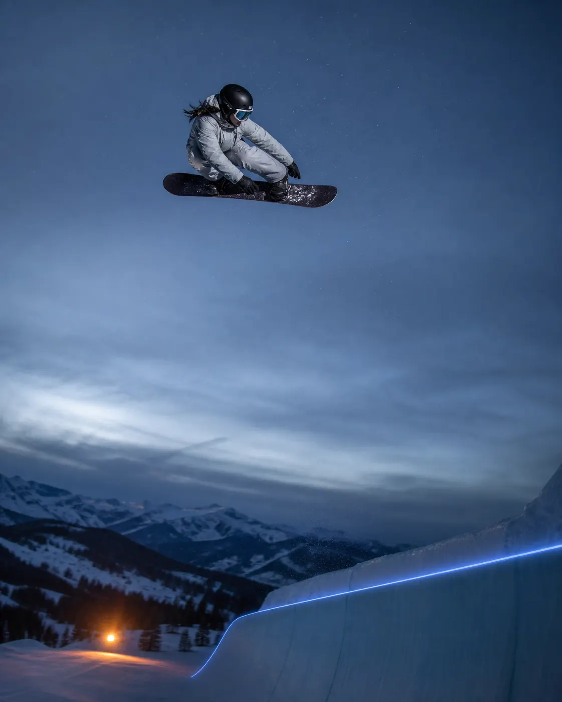 Aria Knox rises above an illuminated quarterpipe wall at blue hour.