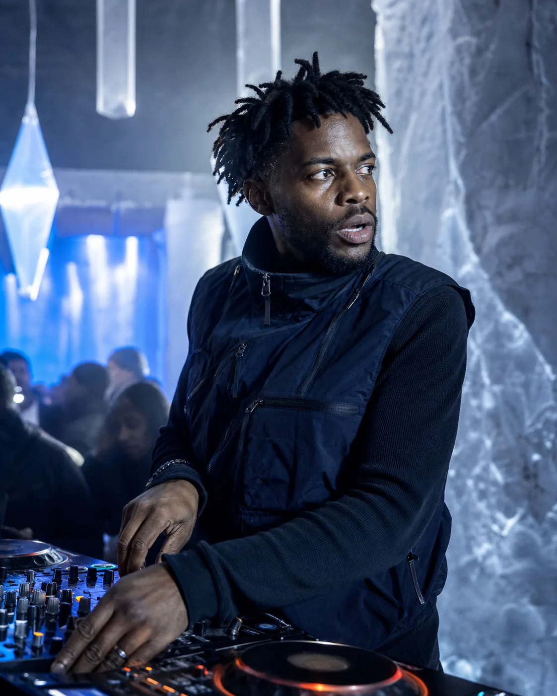 KIN/FIELD performs from a booth surrounded by suspended ice prisms.