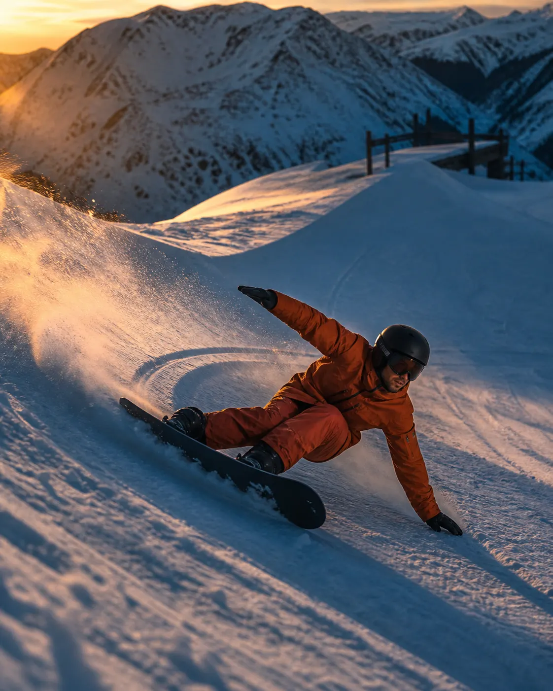 Mateo Cruz makes a low carve across a banked snow transition at sunset.