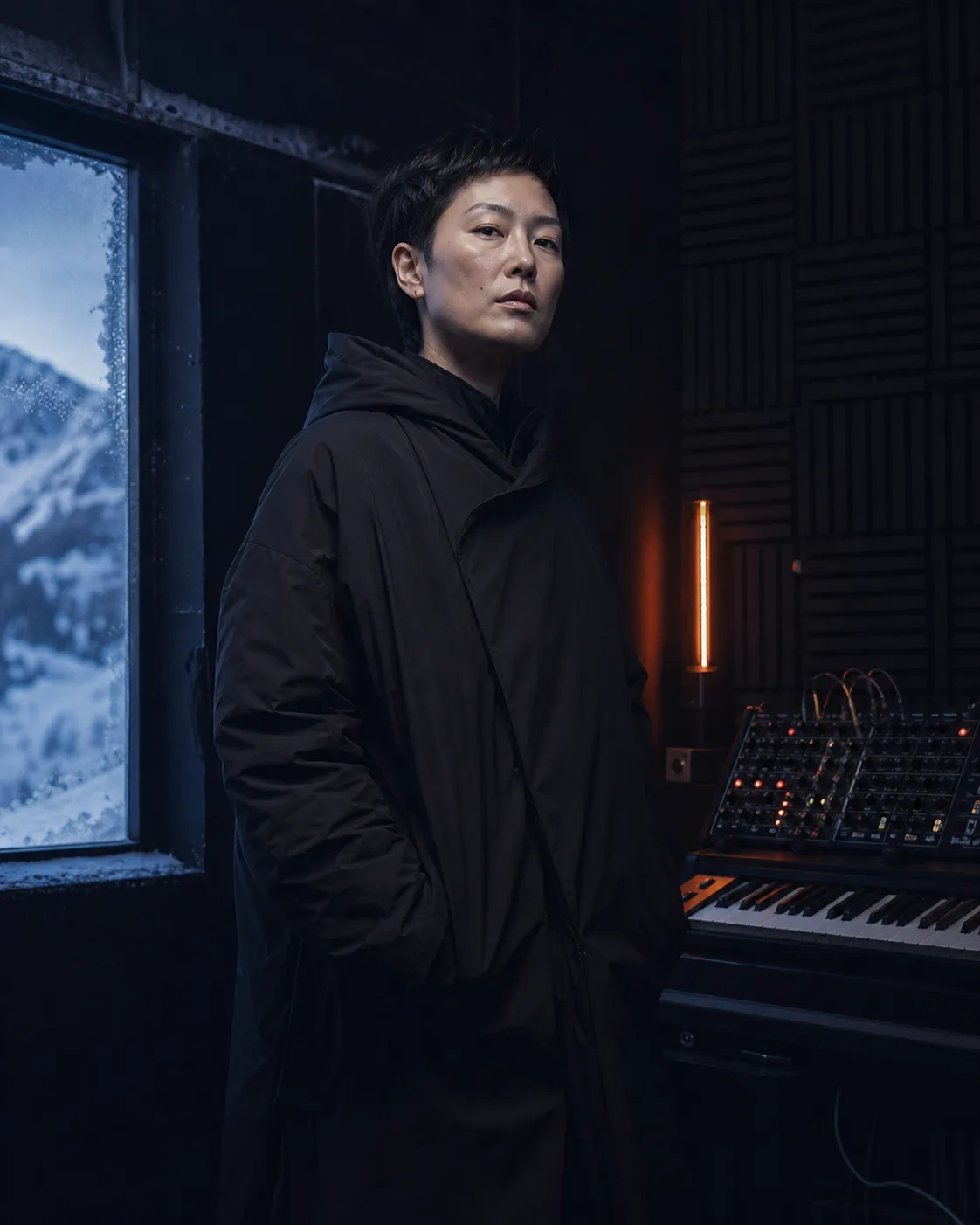 SABLE INDEX stands beside an analog synthesizer in a snowbound studio.